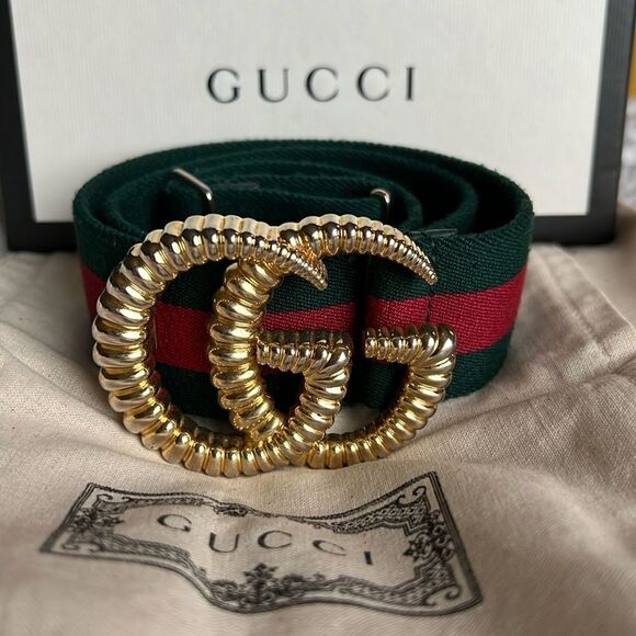 Gucci Web GG Gold Torchon Belt - Picture 1 of 9